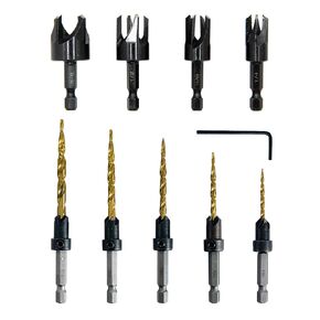 9Pcs Wood Countersink Drill Bit Set, Titanium Tapered Drill Bits and Wood Plug Cutter, Countersink Chamfer Drilling Tool for Woodworking and Carpentry (1/4" Hex Shank)
