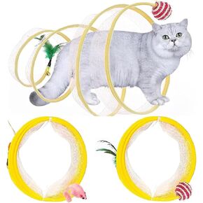Folded Cat Tunnel Toy for Indoor Cats, 2 PCS Collapsible Pet Spring Cat Toys with Feather Mouse Upgrade Interactive Toy Playing Tent for Puppy Kitten Accessories Home
