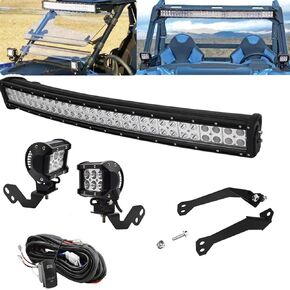 32 inch Front Windshield LED Curved Light Bar Mount Bracket Kit and 3 inch A-Pillar LED Light Pod Mount Bracket Kit with Rocker Swich Wiring Kit Compatible with Polaris RZR XP 1000 900 Models