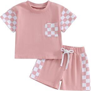 Karwuiio Toddler Baby Boy Girl Summer Clothes Checkerboard Print Short Sleeve Tops and Shorts Infant 2pcs Clothing Set