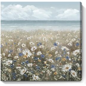 Canvas Wall Art Beach Floral Wall Picture Coastal Boho Farmhouse Daisy Flowers Nautical Sea Ocean Wildflowers Canvas Print Vintage Artwork for Small Rustic Bathroom Bedroom Living Room Office Décor