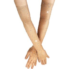 Glamorstar Rhinestone Fishnet Gloves for Women Mesh Glitter Gloves Opera Gloves for Party