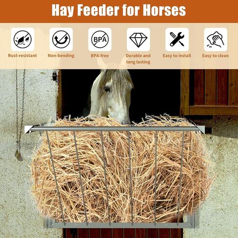 Goat Hay Feeder 24 Gal, 31.5" Long Horse Hay Feeder Wall-Mount, Livestock Hay Feeder, Carbon Steel Hay Rack for Horses, Sheep, Goats, Indoor and Outdoor, Silver in Saudi Arabia