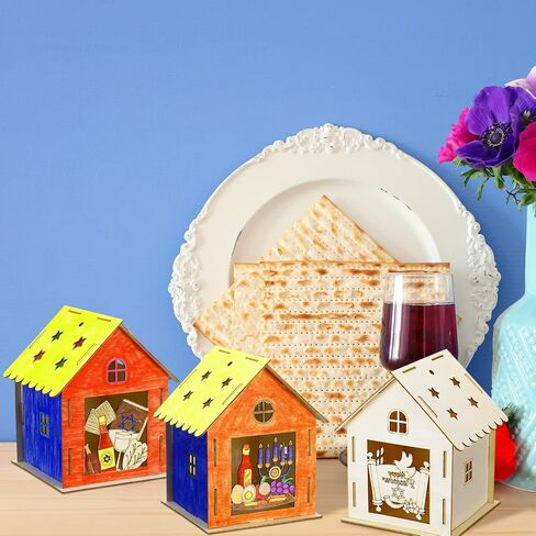Yousoontic 9 Sets Passover Wooden House 3D Passover Wooden House Craft Kit with 12 Watercolor Pens Happy Passover Decor for Table Kids Adults DIY Art Crafts Paint Supplies in Saudi Arabia