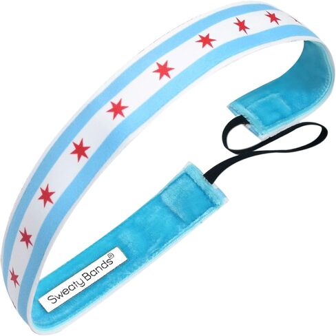عصابة رأس للفتيات من Sweaty Bands - عصابة شعر رياضية مبطنة بالمخمل غير قابلة للانزلاق - علم شيكاغو باللون الأحمر والأزرق in Kuwait