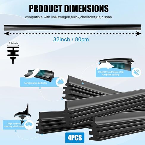 Car Windshield Wiper Blade Refills, Front Frameless Silicone Strips, 32inch Adjustable Size, DIY Pack of 4, Universal for Car Truck SUV Van in Kuwait