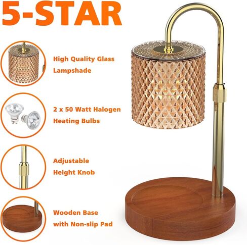 مصباح تدفئة الشموع من RAINBEAN، سخان شموع كهربائي بارتفاع قابل للتعديل مع مؤقت وضوء خافت لتدفئة الشمع العتيق لهدايا ديكور المنزل (زجاج كهرماني وخشب الجوز) in Kuwait