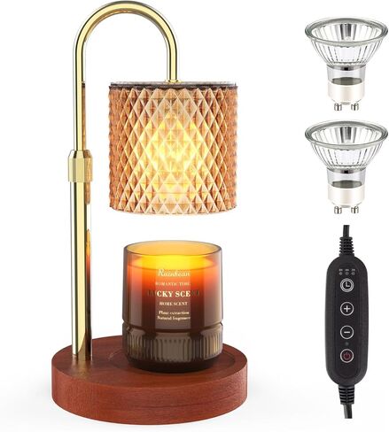 مصباح تدفئة الشموع من RAINBEAN، سخان شموع كهربائي بارتفاع قابل للتعديل مع مؤقت وضوء خافت لتدفئة الشمع العتيق لهدايا ديكور المنزل (زجاج كهرماني وخشب الجوز) in Kuwait