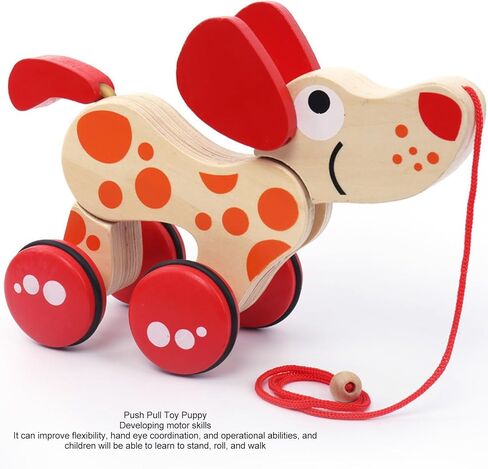 Push Pull Puppy, Pull Walking Dog Model Wooden Pull Model Push Pull Puppy Can Sit, Stand and Roll Rubber Rimmed Wheels for Easy Push and Pull Action (Dog Style) in Kuwait