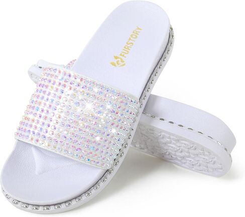 Fur Story Womens Slides House Slippers Rhinestone Glitter Slides Cute bling Flat for Women Platform Sandals Cozy Bedroom Slippers Shower Shoes in Kuwait