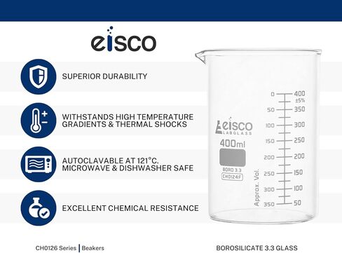 كوب EISCO، 100 مل - طويل القامة مع فوهة - أبيض، 10 مل تخرج - زجاج بوروسيليكات 3.3 in Kuwait