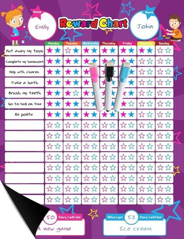 Magnetic Reward Behavior Star Chore Chart for One or Two Kids 17 x 13 Includes: 3 Color Dry Erase Markers Pink, Blue, & Black, Flexible Chart with Full Magnet Backing for Fridge Teaches Responsibility in Saudi Arabia