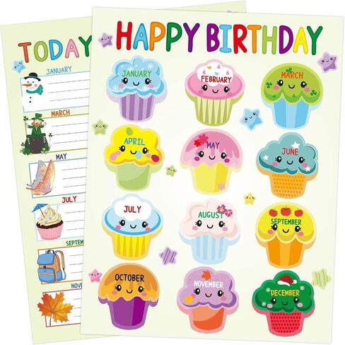 FANCY LAND Cupcake Happy Birthday Poster Chart 2PCS 17" x 22" Cupcake Birthday Poster Monthly Birthday Chart Class Birthday Decoration in Saudi Arabia
