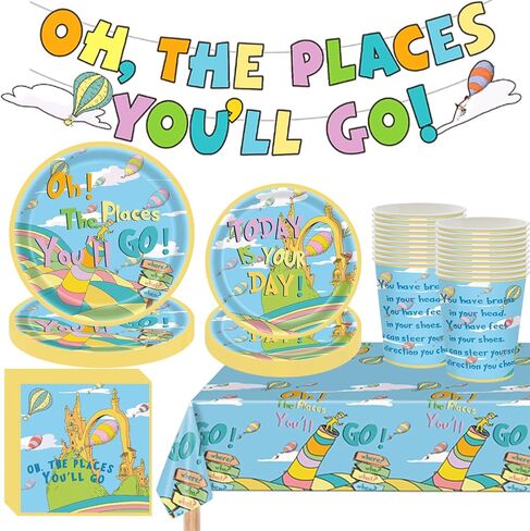 82 قطعة من مجموعة أدوات مائدة ديكورات التخرج من Oh The Places You'll Go تتضمن لافتة Oh The Places You'll Go مع أطباق ومناديل وأكواب ومفارش طاولة لمستلزمات حفلات التخرج في رياض الأطفال تخدم 20 قطعة in Kuwait