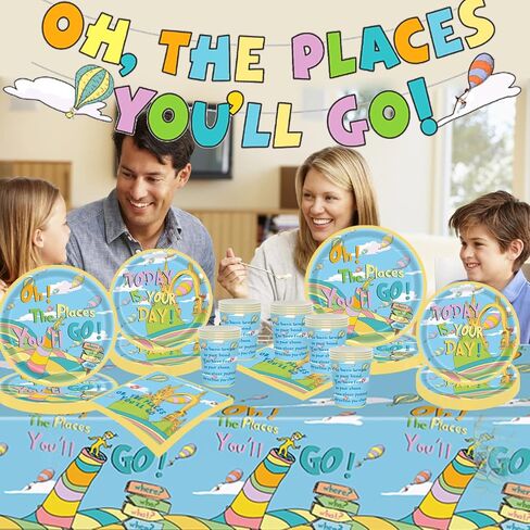 82 قطعة من مجموعة أدوات مائدة ديكورات التخرج من Oh The Places You'll Go تتضمن لافتة Oh The Places You'll Go مع أطباق ومناديل وأكواب ومفارش طاولة لمستلزمات حفلات التخرج في رياض الأطفال تخدم 20 قطعة in Kuwait