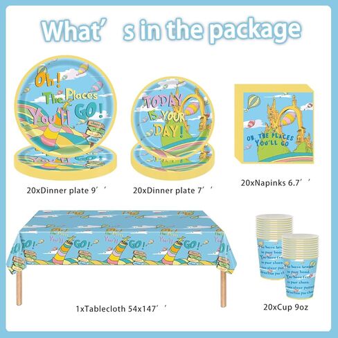 82 قطعة من مجموعة أدوات مائدة ديكورات التخرج من Oh The Places You'll Go تتضمن لافتة Oh The Places You'll Go مع أطباق ومناديل وأكواب ومفارش طاولة لمستلزمات حفلات التخرج في رياض الأطفال تخدم 20 قطعة in Kuwait