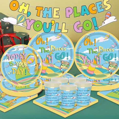 82 قطعة من مجموعة أدوات مائدة ديكورات التخرج من Oh The Places You'll Go تتضمن لافتة Oh The Places You'll Go مع أطباق ومناديل وأكواب ومفارش طاولة لمستلزمات حفلات التخرج في رياض الأطفال تخدم 20 قطعة in Kuwait