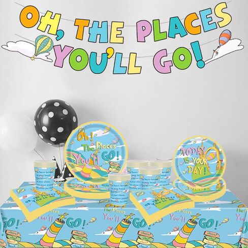 82 قطعة من مجموعة أدوات مائدة ديكورات التخرج من Oh The Places You'll Go تتضمن لافتة Oh The Places You'll Go مع أطباق ومناديل وأكواب ومفارش طاولة لمستلزمات حفلات التخرج في رياض الأطفال تخدم 20 قطعة in Kuwait