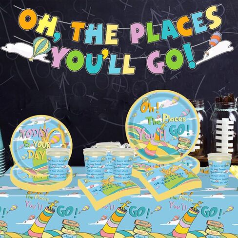 82 قطعة من مجموعة أدوات مائدة ديكورات التخرج من Oh The Places You'll Go تتضمن لافتة Oh The Places You'll Go مع أطباق ومناديل وأكواب ومفارش طاولة لمستلزمات حفلات التخرج في رياض الأطفال تخدم 20 قطعة in Kuwait