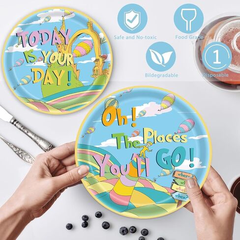 82 قطعة من مجموعة أدوات مائدة ديكورات التخرج من Oh The Places You'll Go تتضمن لافتة Oh The Places You'll Go مع أطباق ومناديل وأكواب ومفارش طاولة لمستلزمات حفلات التخرج في رياض الأطفال تخدم 20 قطعة in Kuwait