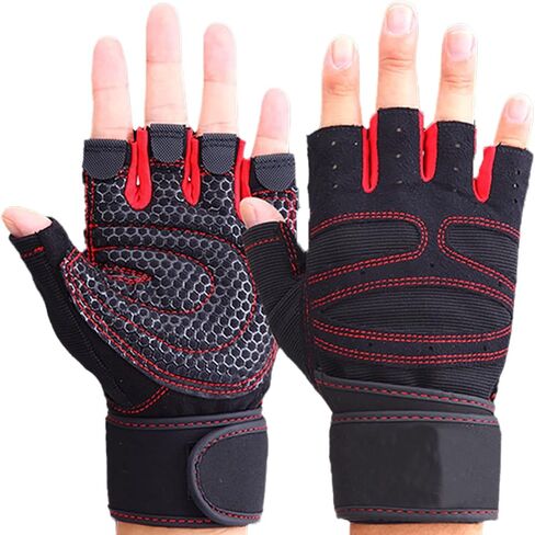 Workout Gloves for Men and Women, Fitness Gloves Prevent Slip Breathable Fingerless Men Women Workout Gloves with Wrist Wrap for Weightlifting,Cycling, Exercise, Training, Gym, Red in Saudi Arabia