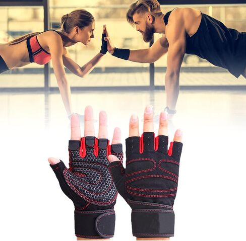 Workout Gloves for Men and Women, Fitness Gloves Prevent Slip Breathable Fingerless Men Women Workout Gloves with Wrist Wrap for Weightlifting,Cycling, Exercise, Training, Gym, Red in Saudi Arabia