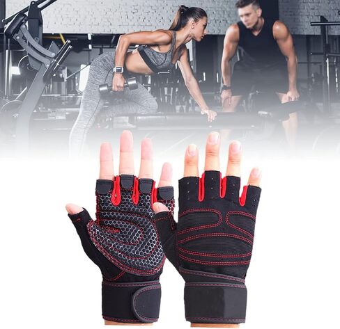 Workout Gloves for Men and Women, Fitness Gloves Prevent Slip Breathable Fingerless Men Women Workout Gloves with Wrist Wrap for Weightlifting,Cycling, Exercise, Training, Gym, Red in Saudi Arabia
