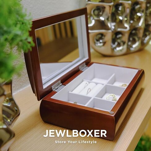 JEWLBOXER Jewelry Organizer –CLASSIC FLORAL INLAY Wooden Jewelry Box with Large Mirror, Ring, Earring Organizer,Rich Brown,Dark Walnut in Saudi Arabia