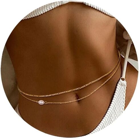 2Pcs 18K Gold Plated Waist Chains for Women Girls Layered Belly Chains Gold Pearl Beaded Chains for Waist Sexy Bikini Summer Beach Adjustable Body Chains Jewelry in Kuwait