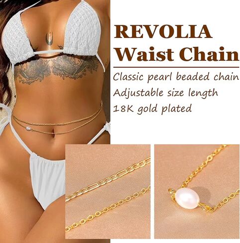 2Pcs 18K Gold Plated Waist Chains for Women Girls Layered Belly Chains Gold Pearl Beaded Chains for Waist Sexy Bikini Summer Beach Adjustable Body Chains Jewelry in Kuwait