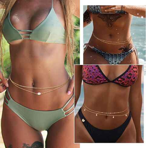 2Pcs 18K Gold Plated Waist Chains for Women Girls Layered Belly Chains Gold Pearl Beaded Chains for Waist Sexy Bikini Summer Beach Adjustable Body Chains Jewelry in Kuwait