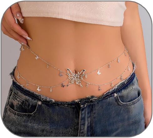 Butterfly Waist Chain for Women Silver/Gold Layered Belly Chain Adjustable Charm Sexy Body Chain Belt Y2k Stomach Chain Fashion Jewelry Gifts Accessories in Saudi Arabia
