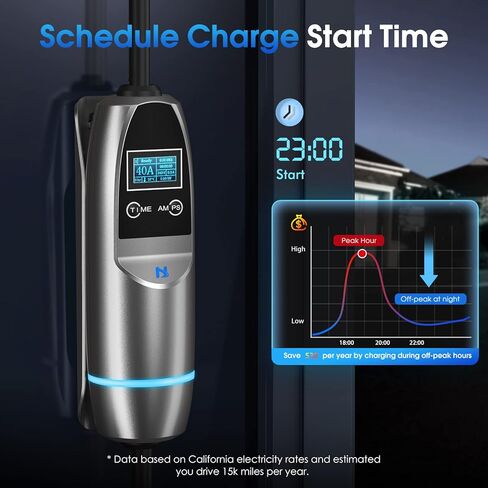 شاحن EV من المستوى 1 والمستوى 2 من KHONS، حتى 40 أمبير، كابل بطول 16.4 قدم، شاحن سيارة كهربائي محمول، ضبط وقت بدء الشحن، قابس NEMA 14-50، متوافق مع السيارات الكهربائية J1772، داخلي/خارجي (G2) in Kuwait