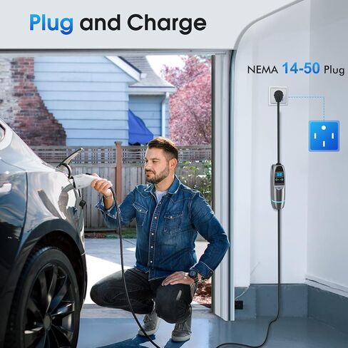 شاحن EV من المستوى 1 والمستوى 2 من KHONS، حتى 40 أمبير، كابل بطول 16.4 قدم، شاحن سيارة كهربائي محمول، ضبط وقت بدء الشحن، قابس NEMA 14-50، متوافق مع السيارات الكهربائية J1772، داخلي/خارجي (G2) in Kuwait