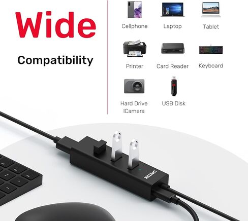 Unitek 4-Port USB 3.0 Hub, 4 Ft Long Cable USB Extension Multiple Port Splitter with Micro USB Charging Port Compatible for Windows PC, Laptop,Flash Drive,Wireless Mouse Keyboard 1.2 M - Black in Saudi Arabia