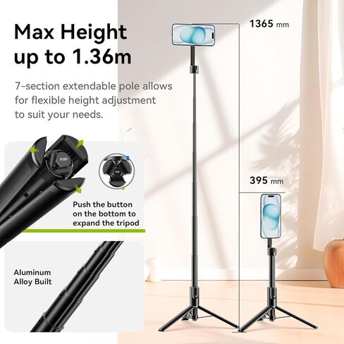 ULANZI 64.6'' Magnetic Selfie Stick Tripod Max, All-in-One Phone Tripod w Magnetic Phone Holder & Detachable Wireless Remote, Magsafe Compatible, for iPhone 15 14 13 12 Series & Android Phones (Black) in Saudi Arabia