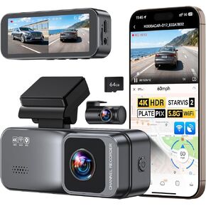كاميرا داش كام أمامية خلفية 4K/2.5K، كاميرا داش مزدوجة UHD للسيارات، تتضمن بطاقة 64 جيجابايت، نظام تحديد المواقع واي فاي مدمج، شاشة IPS 3.20 بوصة، رؤية ليلية، زاوية واسعة 170 درجة، WDR، وضع انتظار 24 ساعة (D17) in Kuwait