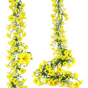 2Pcs 6Ft Eucalyptus Garland with Yellow Petunias Flowers,Spring Fake Flowers Greenery Garland Floral Vines for Wedding Table Party Backdrop Wall UV Protected Indoor Outdoor Decoration in Kuwait