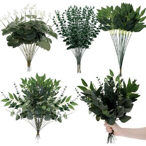 160 قطعة من سيقان أوراق الأوكالبتوس الاصطناعية، 4 أنواع مختلطة من أوراق الأوكالبتوس المزيفة وأوراق الصفصاف والدولار الفضي والنباتات الصناعية لتزيين المساحات الخضراء لحفلات الزفاف والحفلات والمنزل وباقات DIY in Kuwait