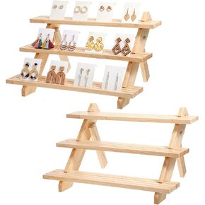 2 Pack 3 Tier Wooden Display Stand, Tiered Earring Display Stand, Detachable Wood Tiered Jewelry Card Displays Stands with Groove Removable Countertop Small Merchandise Displays Stands in Kuwait