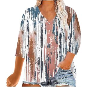 Women Plus Size Shirts Casual Oversized 3/4 Sleeve Button Down V-Neck Floral Print Tunic Blouse Summer Trendy Clothes in Kuwait