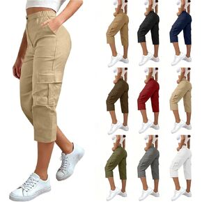 Cargo Capris for Women with Pockets Summer Casual Loose Capri Pants Plus Size High Waisted Work Button Cropped Pant in Kuwait