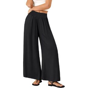 Women's Summer Wide Leg Pants Bootcut Smock High Waist Travel Flowy Palazzo Casual Baggy Slacks Trouser with Pockets Black XX-Large in Kuwait