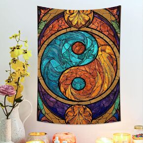 Zen Blue with Orange Tapestry, Stained Glass Bohemian Decorative Wall Hanging, Spiritual Tapestries Aesthetic for Living Room, Bedroom, Meditation 30x40 Inch in Kuwait