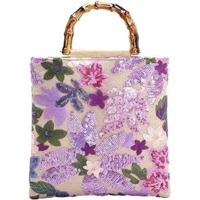 حقيبة يد نسائية مطرزة بالترتر على شكل زهور للشاطئ مع مقبض من الخيزران، حقيبة كتف صيفية للاستخدام اليومي في العطلات in Kuwait
