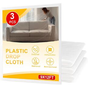 3 قطع من القماش البلاستيكي مقاس 9X12FT، غطاء مضاد للغبار مقاوم للماء، قماش القنب القابل للتصرف للرسم على الأريكة/غطاء الأثاث in Kuwait