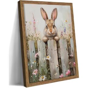 Framed Easter Bunny Wall Art, Cute Rabbit on Wooden Fence Poster Prints, Vintage Cottage Farmhouse Canvas Artwork, Rustic Easter Holiday Wall Decor for Kids Room Girls Bedroom Living Room 8x10in in Saudi Arabia
