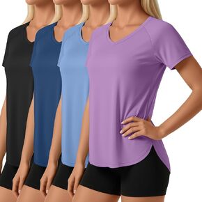4 Pack Women's Short Sleeve Workout Shirts V Neck Slim Fit Blouses with Curved Hem Gym Yoga Activewear in Kuwait