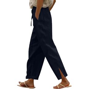 Linen Pants for Women 2026 Summer Casual Elastic High Waist Split Hem Wide Leg Pant with Pockets Travel Beach Outfit in Saudi Arabia