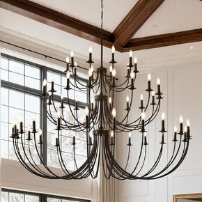 ثريا على شكل شمعة ريفية عتيقة من BAOURE، ثريات كبيرة من طبقتين للأسقف العالية، 24 ثريا مزرعة سوداء فاتحة، تركيبات إضاءة سقف غرفة المعيشة في المدخل (24 ضوء-46.46 بوصة) in Kuwait